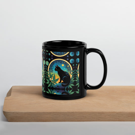 Black Cat with Marijuana Leaves Black Glossy Mug