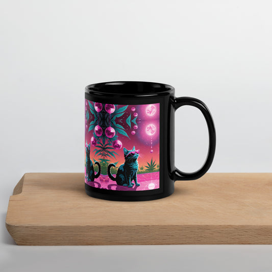 Pink Marijuana Disco Cats Black Glossy Mug