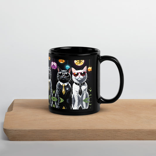 Black and White Disco Cats Black Glossy Mug