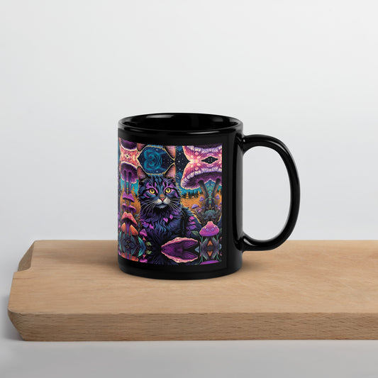 Psychedelic Mushrooms Cat Black Glossy Mug