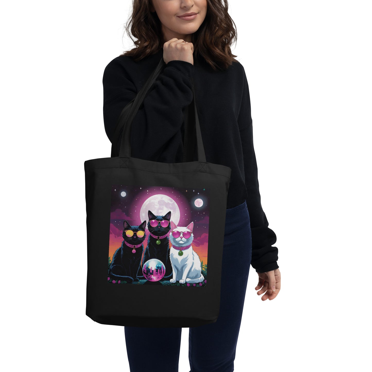 Disco Cats Eco Tote Bag (printed on one side)