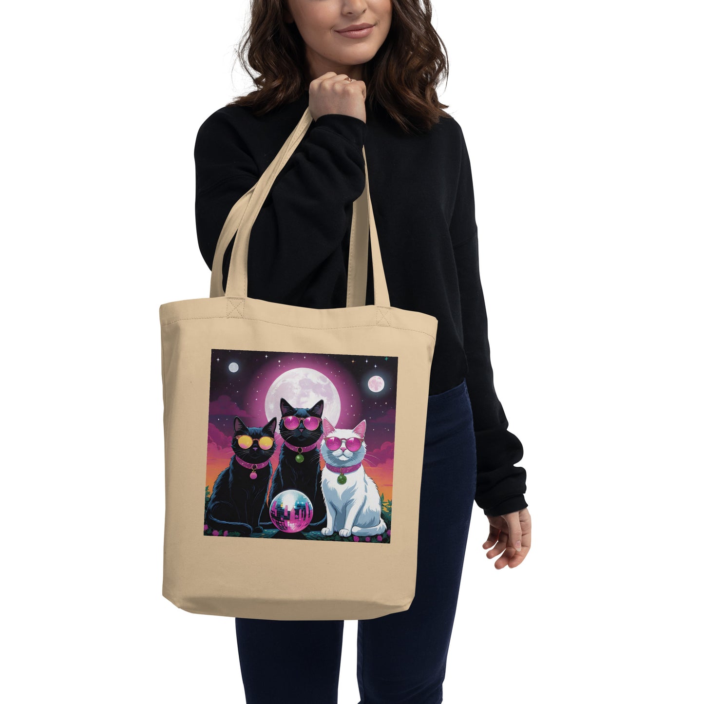 Disco Cats Eco Tote Bag (printed on one side)