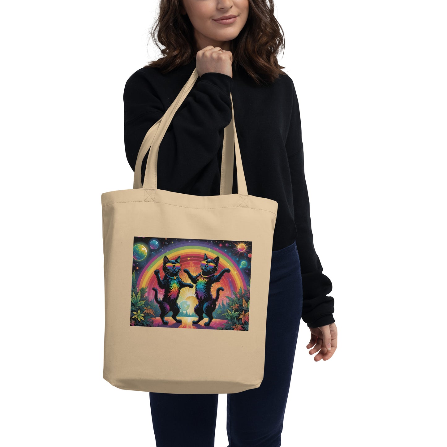 Rainbow Disco Cats Eco Tote Bag (printed on one side)