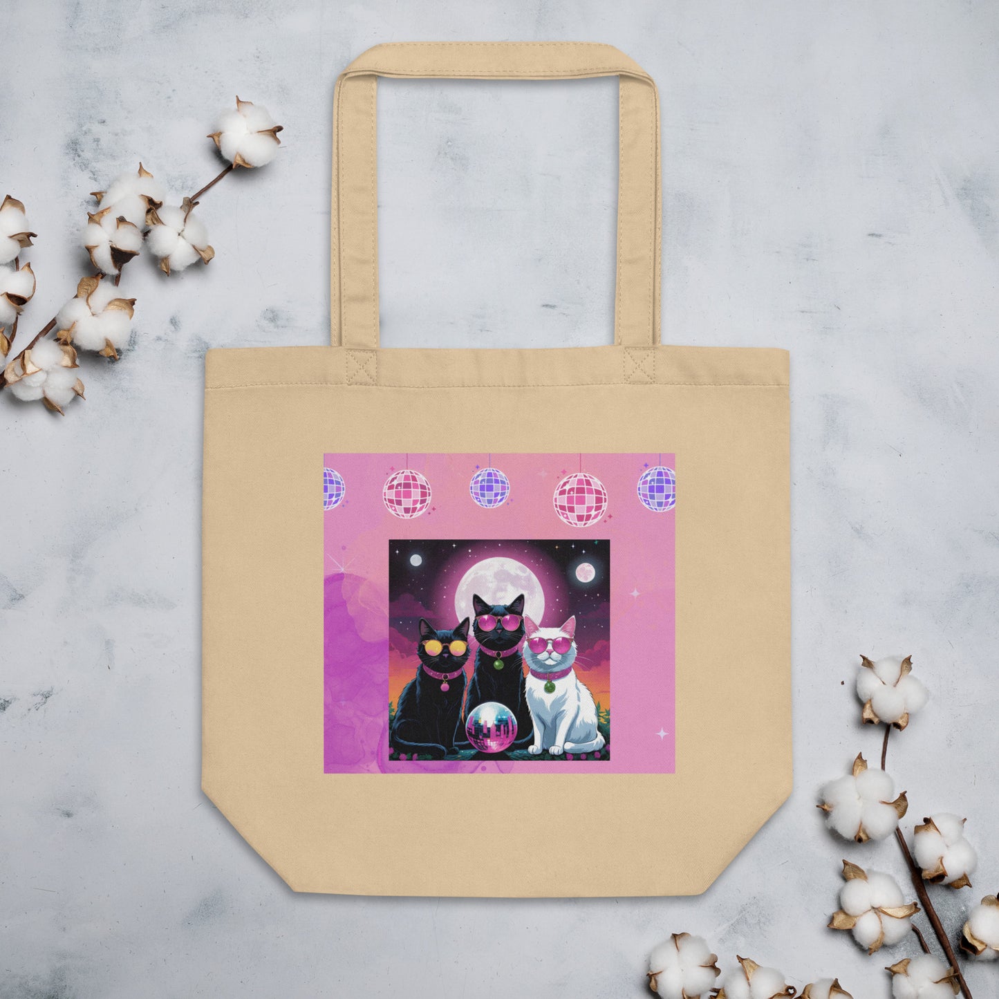 Pink Disco Cats Eco Tote Bag (printed on one side)