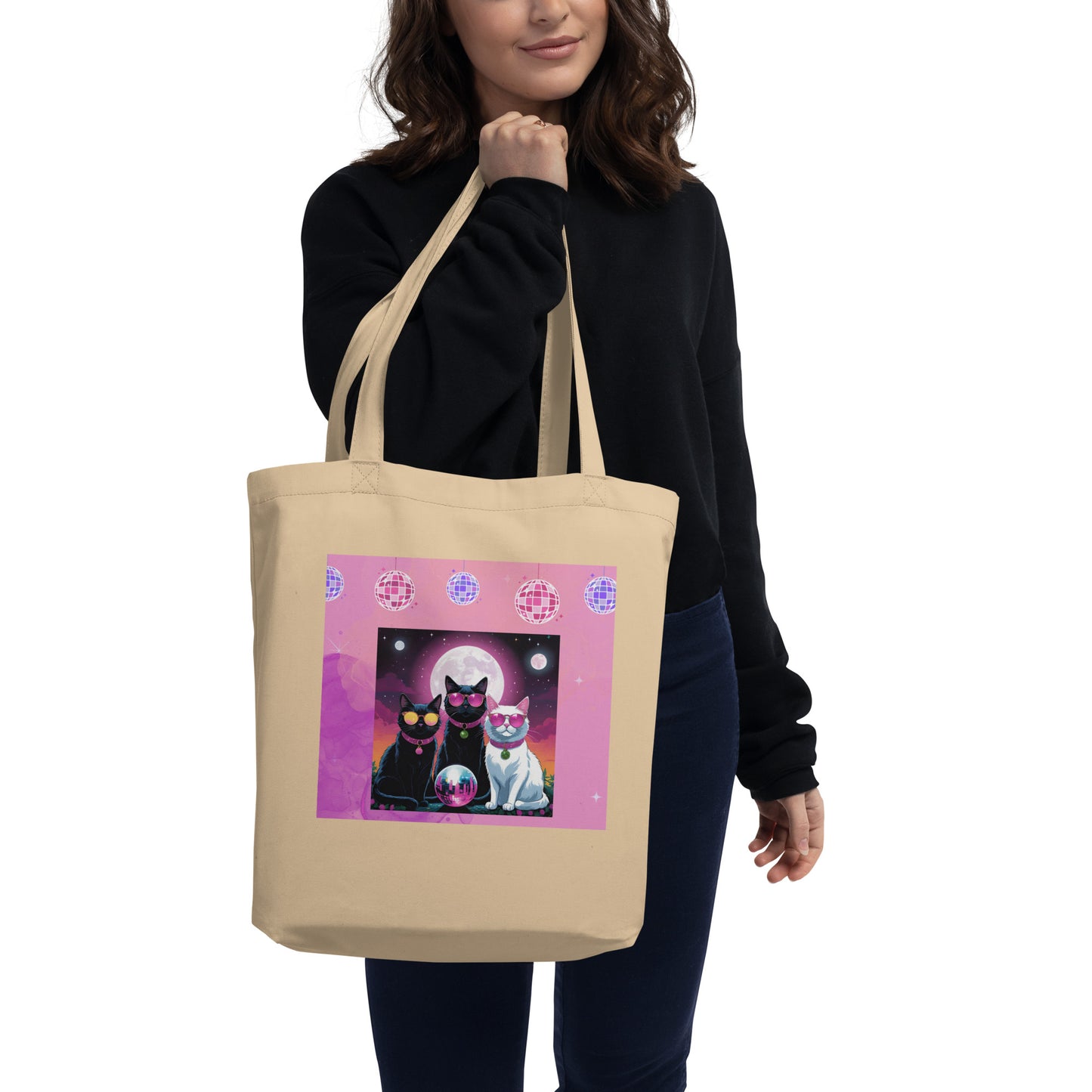 Pink Disco Cats Eco Tote Bag (printed on one side)