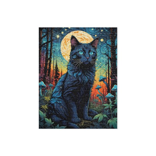 Black Cat with Psychedelic Mushrooms Cat Puzzle