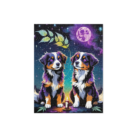 Australian Shephard Puppies with Marijuana Puzzle