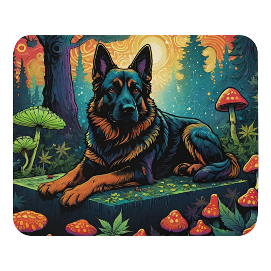 German Shephard Dog with Psychedelic Mushrooms Mouse Pad