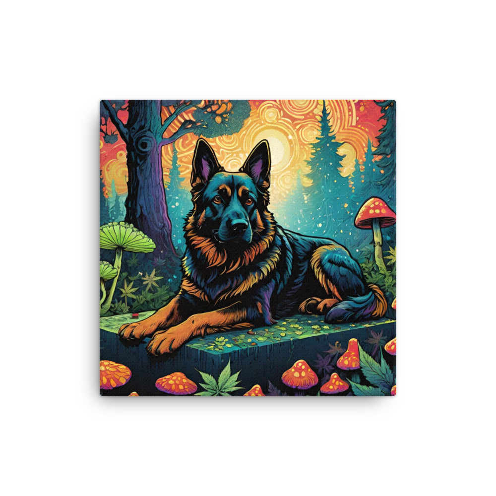 German Shephard with Psychedelic Mushroom Dog on Thin Canvas