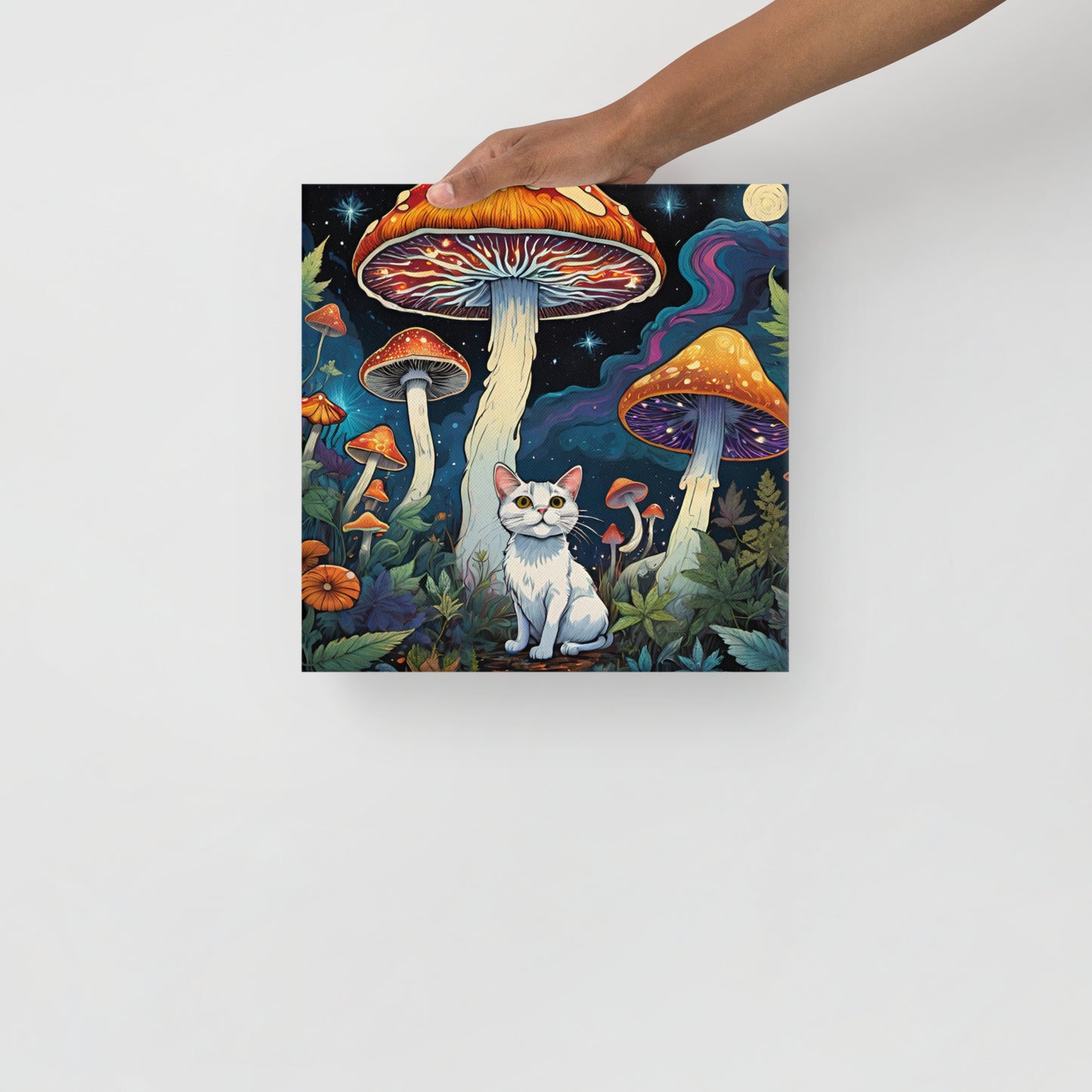 White Cat with Pyschedelic Mushrooms on Thin Canvas