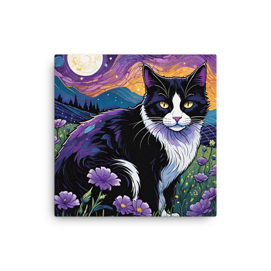 Black and White Cat Amongst Purple Flowers Cat on Thin Canvas