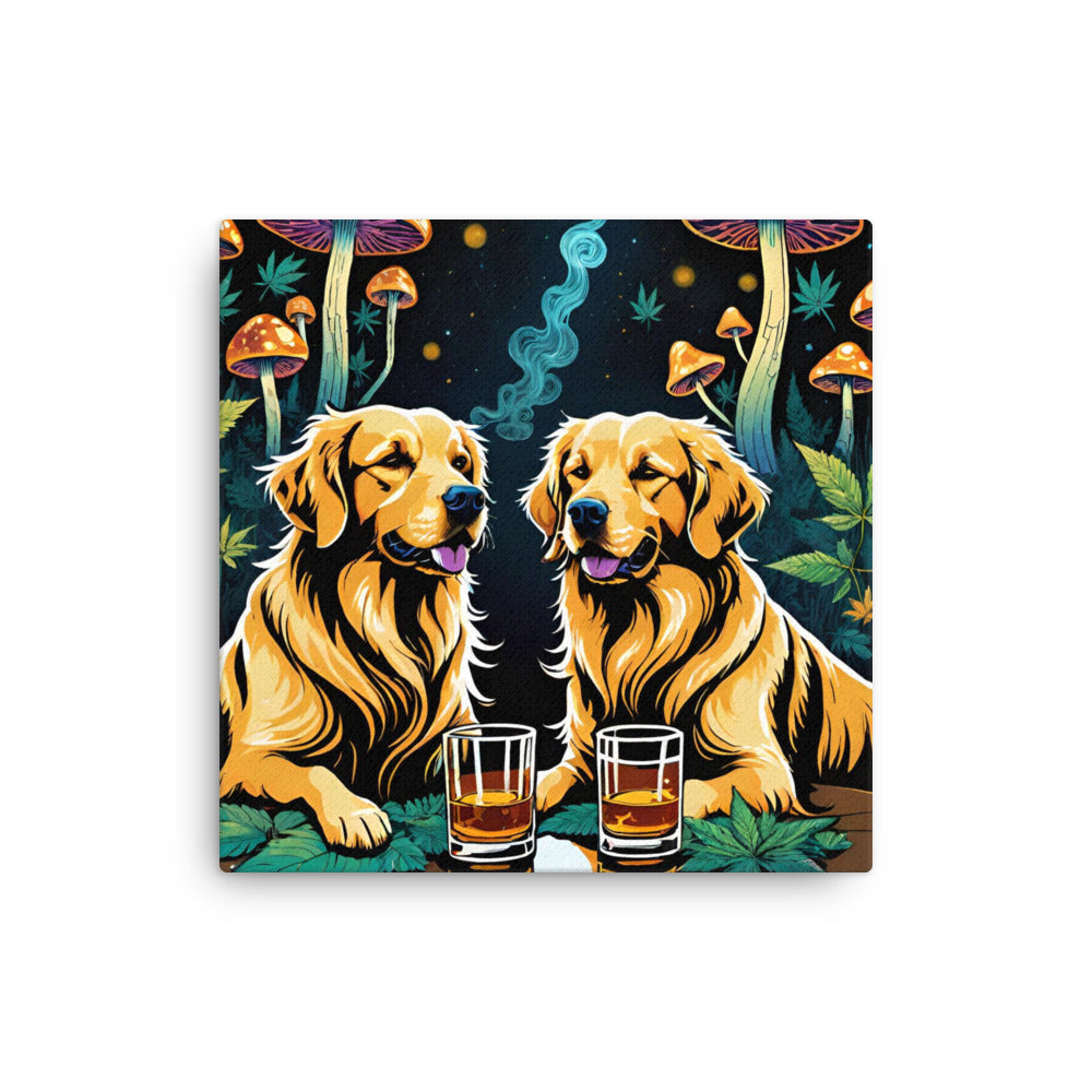 Two Whiskey Drinking Golden Retriever Dogs on Thin canvas