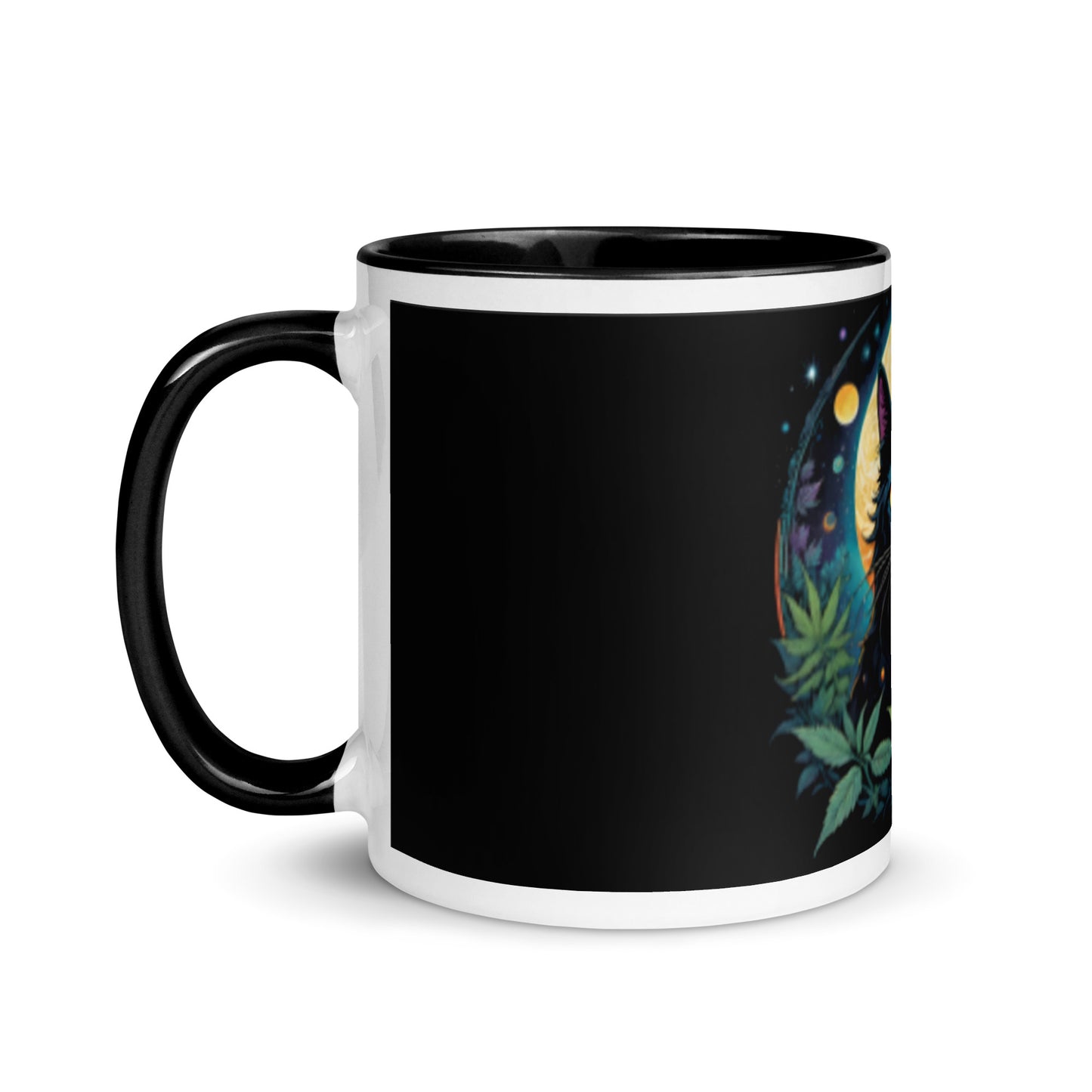 Black Cat with Planets Mug with Color Inside