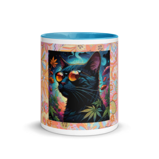 Psychedelic Cat with Sunglasses Mug with Color Inside