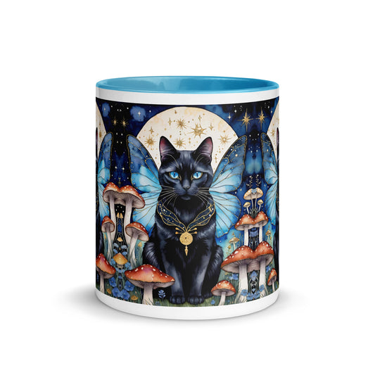 Mystical Black Cat Fairy Mug with Color Inside