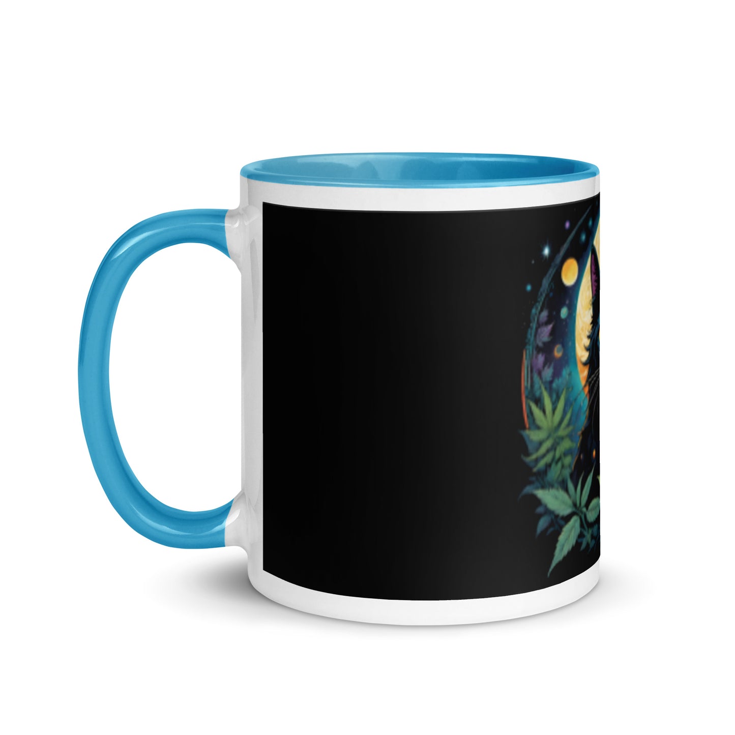 Black Cat with Planets Mug with Color Inside