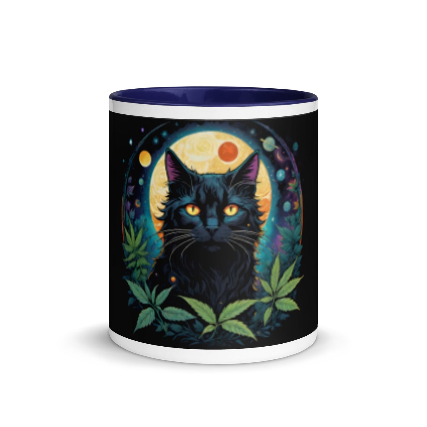 Black Cat with Planets Mug with Color Inside