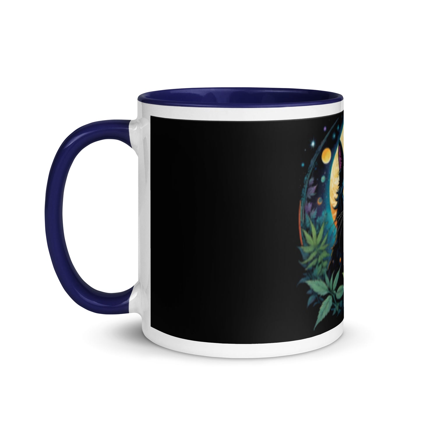 Black Cat with Planets Mug with Color Inside