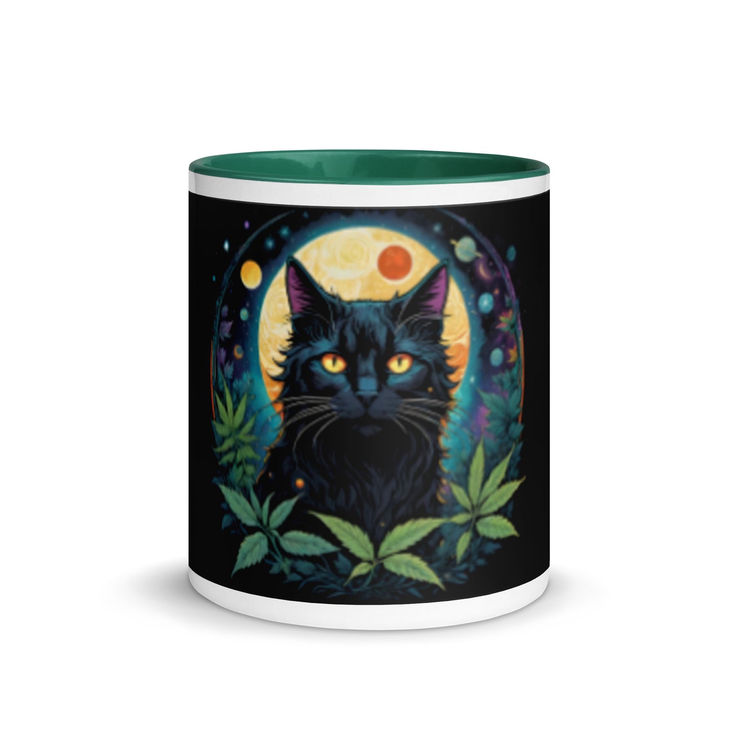 Black Cat with Planets Mug with Color Inside