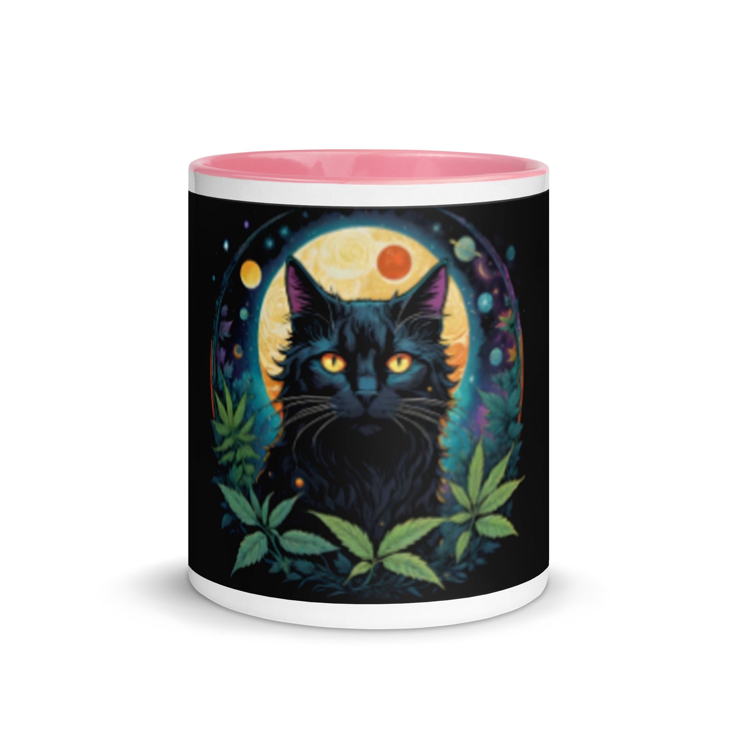 Black Cat with Planets Mug with Color Inside