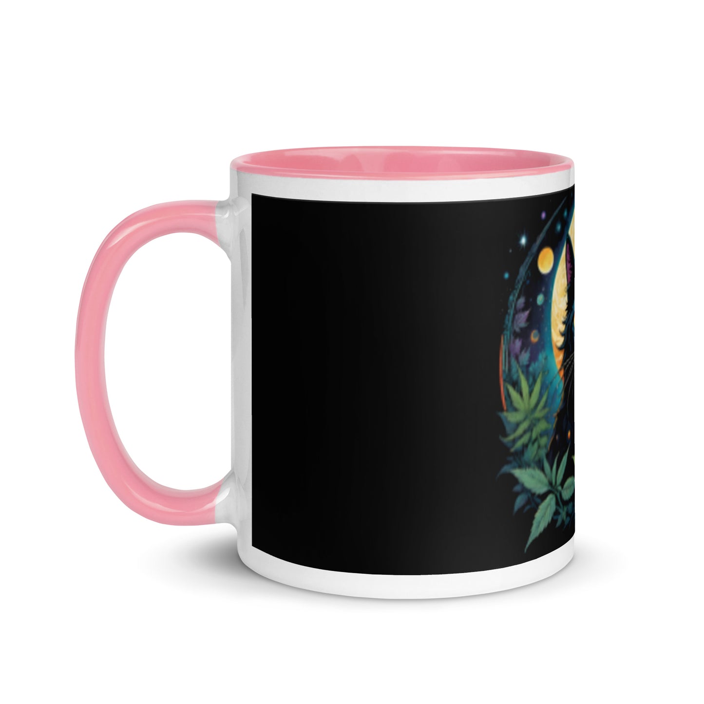 Black Cat with Planets Mug with Color Inside